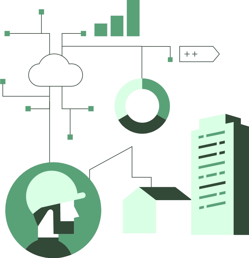 Grafik eines Facility Managers inmitten diverser Informationen. ROM bietet die richtigen Tools zur effizienten Verwaltung.